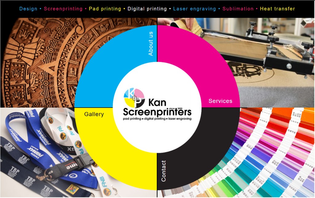 Collage of screen printing, laser engraving, branded lanyards, and Pantone colour selection